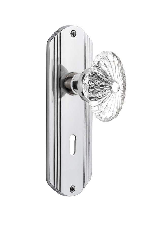 Nostalgic 712104: Deco Backplate w/Oval Fluted Clear Glass Crystal Knob Privacy Door Set - Bright Chrome
