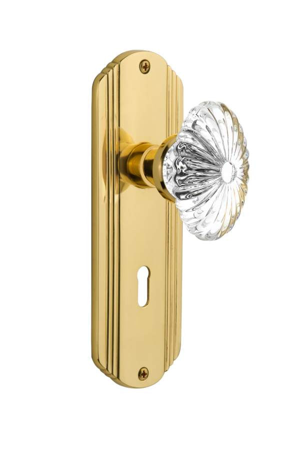Nostalgic 712106: Deco Backplate w/Oval Fluted Clear Glass Crystal Knob Privacy Door Set - Polished Brass