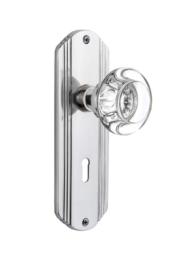 Nostalgic 712256: Deco Backplate w/Round Clear Glass Crystal Knob Passage Door Set - Bright Chrome