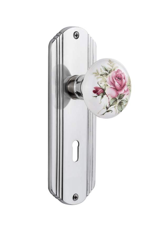 Nostalgic 711224: Deco Backplate w/White Rose Porcelain Knob Privacy Door Set - Bright Chrome