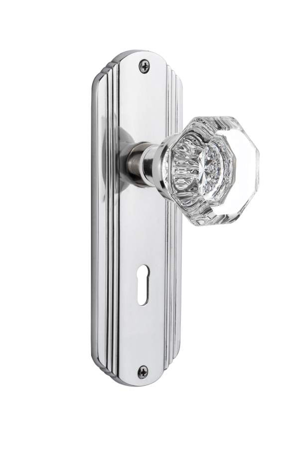 Nostalgic 704443: Deco Backplate w/Waldorf Knob Passage Door Set - Bright Chrome