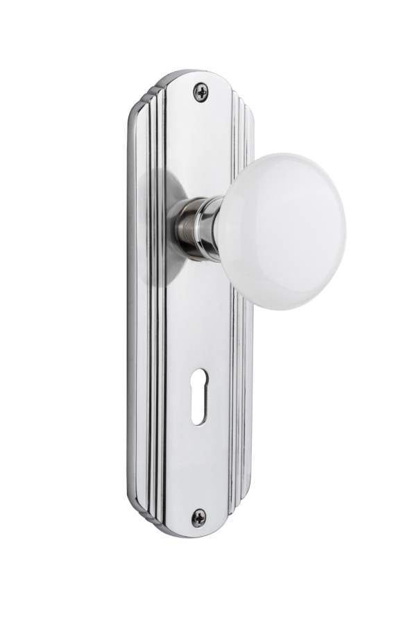 Nostalgic 702164: Deco Backplate w/White Porcelain Knob Single Dummy Door Set - Bright Chrome