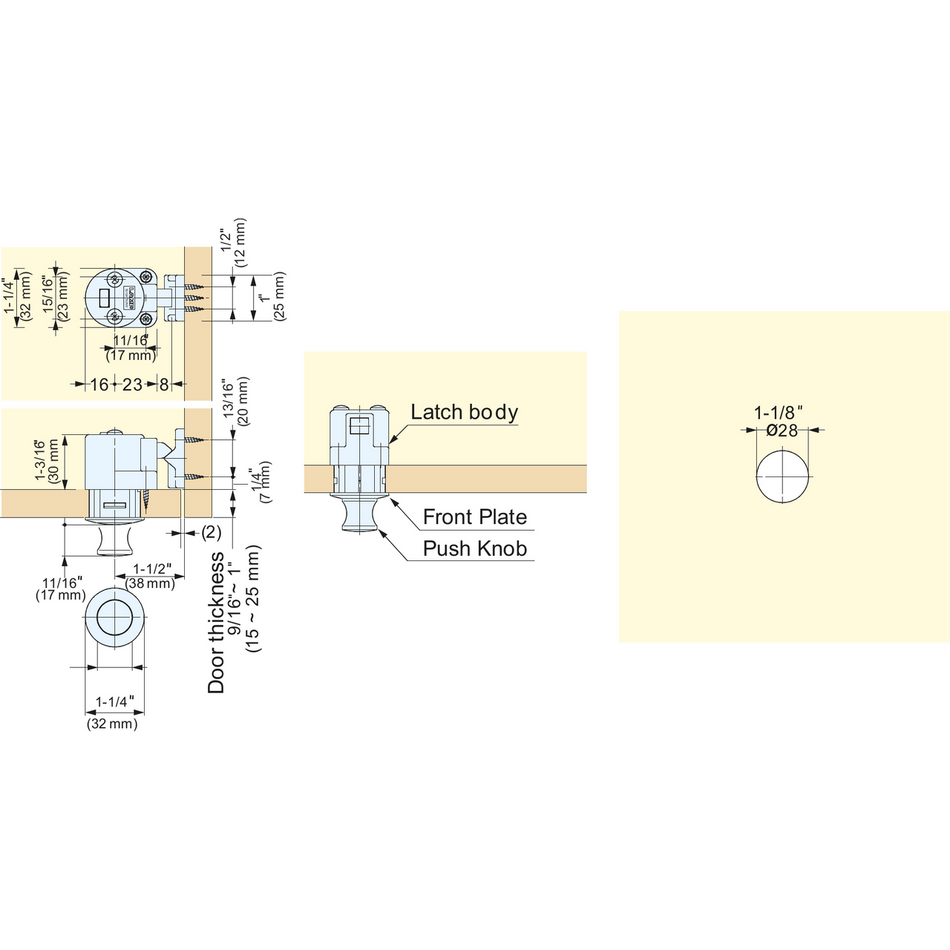 Sugatsune DPL-RO-G: 1-1/4" Round Push Knob Latch - Gold