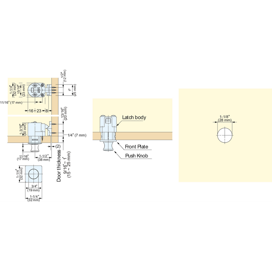 Sugatsune DPL-SQ-G: 1-1/4" Square Push Knob Latch - Gold