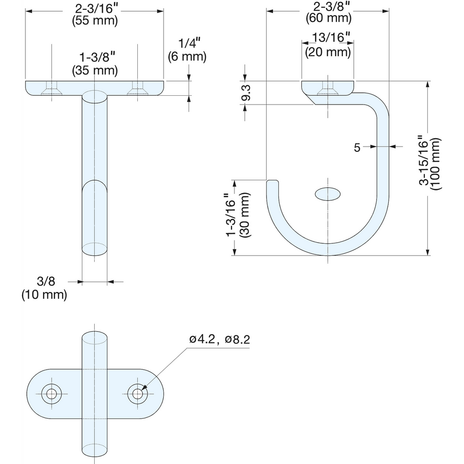 Sugatsune DS-H-60: 4" Ceiling Mount Utility Hook - Mirror Stainless Steel