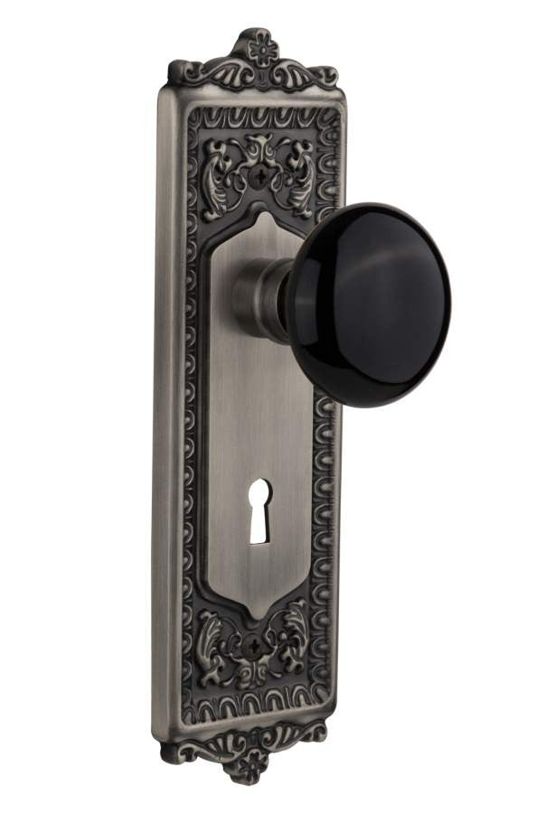 Nostalgic 710350: Egg & Dart Backplate w/Black Porcelain Knob Privacy Door Set - Antique Pewter