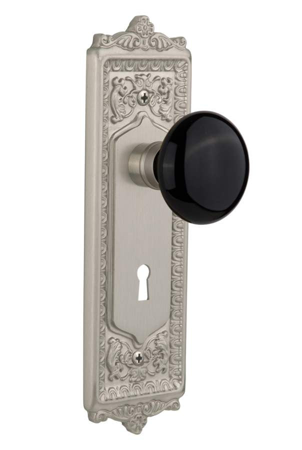 Nostalgic 710162: Egg & Dart Backplate w/Black Porcelain Knob Single Dummy Door Set - Satin Nickel