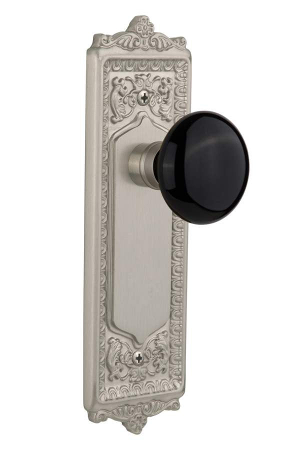 Nostalgic 710108: Egg & Dart Backplate w/Black Porcelain Knob Single Dummy Door Set - Satin Nickel