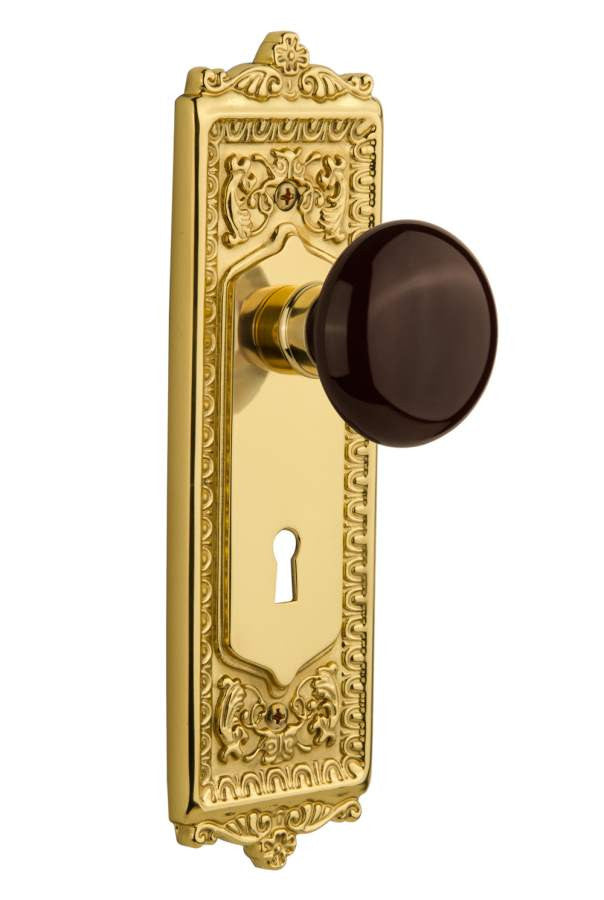 Nostalgic 716974: Egg & Dart Backplate w/Brown Porcelain Knob Privacy Door Set - Unlacquered Brass
