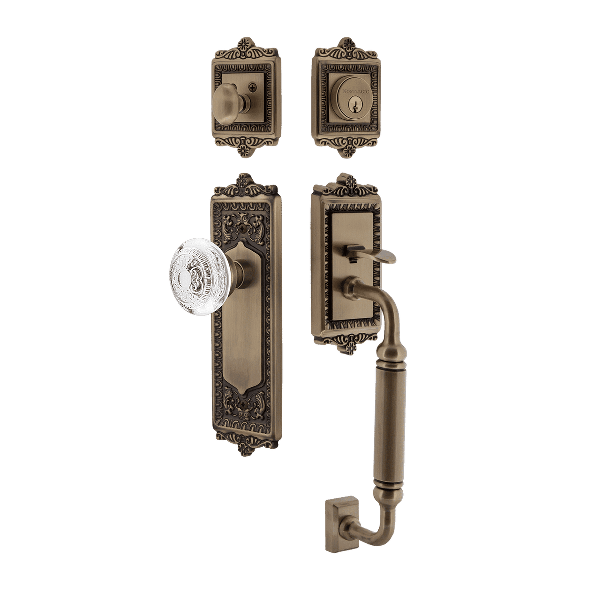 Nostalgic 755548: Entry Lockset w/Egg & Dart Backplate, C-Grip Exterior Handle and Egg & Dart Crystal Knob - Antique Brass