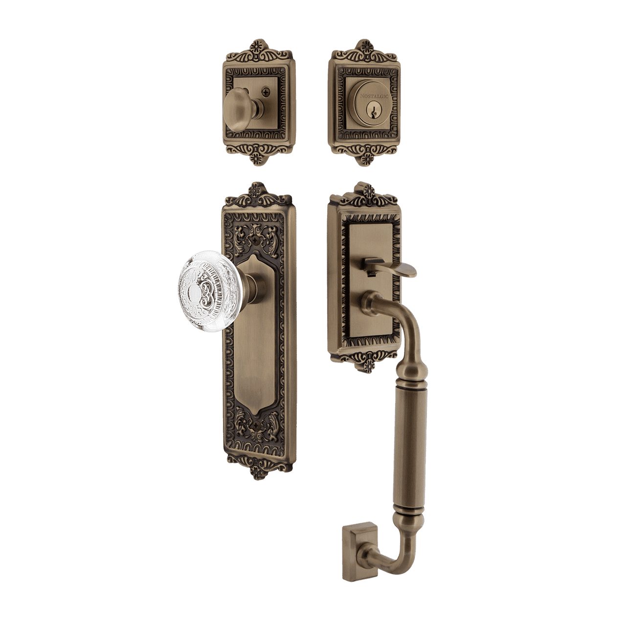 Nostalgic 755548: Entry Lockset w/Egg & Dart Backplate, C-Grip Exterior Handle and Egg & Dart Crystal Knob - Antique Brass