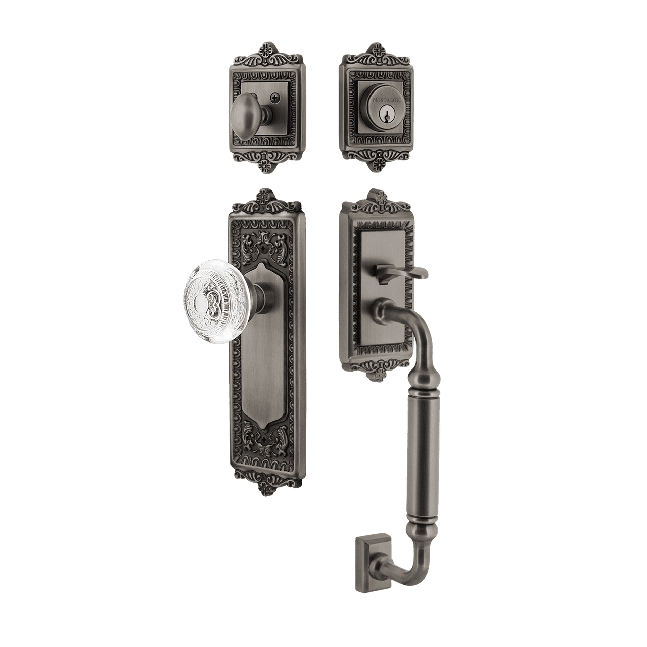 Nostalgic 755561: Entry Lockset w/Egg & Dart Backplate, C-Grip Exterior Handle and Egg & Dart Crystal Knob - Antique Pewter