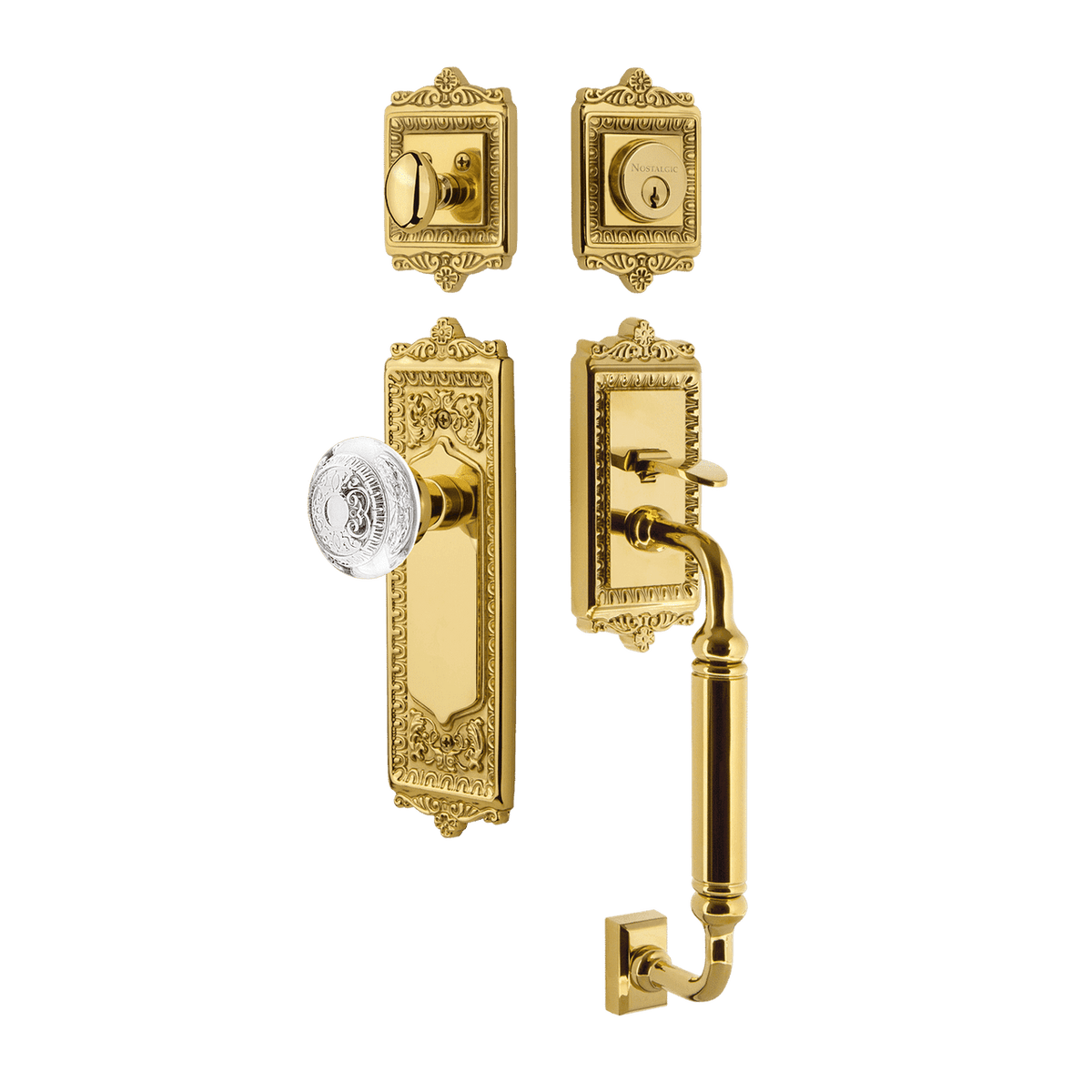 Nostalgic 755573: Entry Lockset w/Egg & Dart Backplate, C-Grip Exterior Handle and Egg & Dart Crystal Knob - Polished Brass
