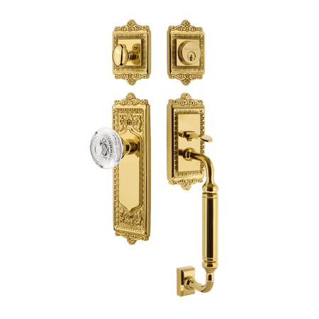 Nostalgic 755573: Entry Lockset w/Egg & Dart Backplate, C-Grip Exterior Handle and Egg & Dart Crystal Knob - Polished Brass