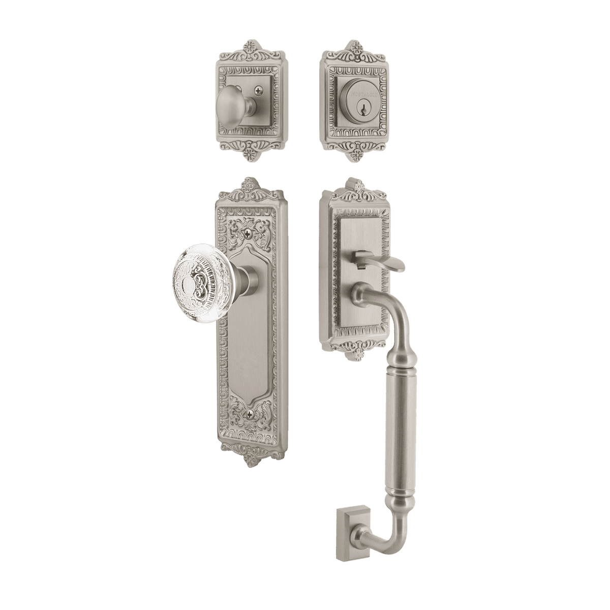 Nostalgic 755585: Entry Lockset w/Egg & Dart Backplate, C-Grip Exterior Handle and Egg & Dart Crystal Knob - Satin Nickel