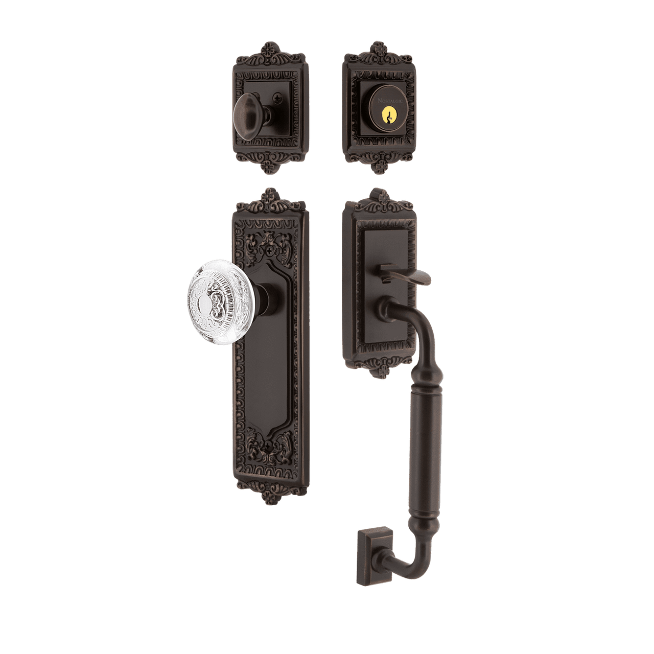 Nostalgic 755597: Entry Lockset w/Egg & Dart Backplate, C-Grip Exterior Handle and Egg & Dart Crystal Knob - Timeless Bronze