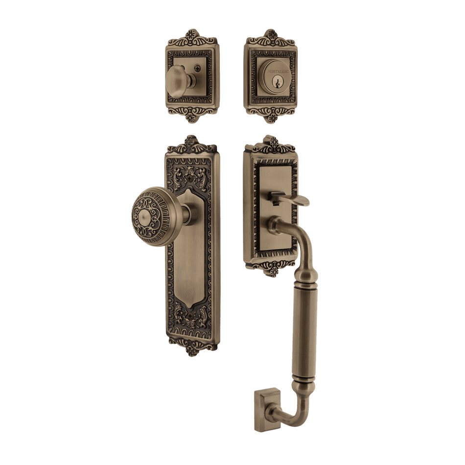 Nostalgic 727677: Entry Lockset w/Egg & Dart Backplate, C-Grip Exterior Handle and Egg & Dart Knob - Antique Brass
