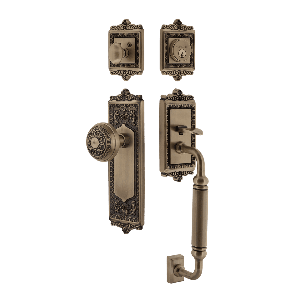 Nostalgic 719401: Entry Lockset w/Egg & Dart Backplate, C-Grip Exterior Handle and Egg & Dart Knob - Antique Brass