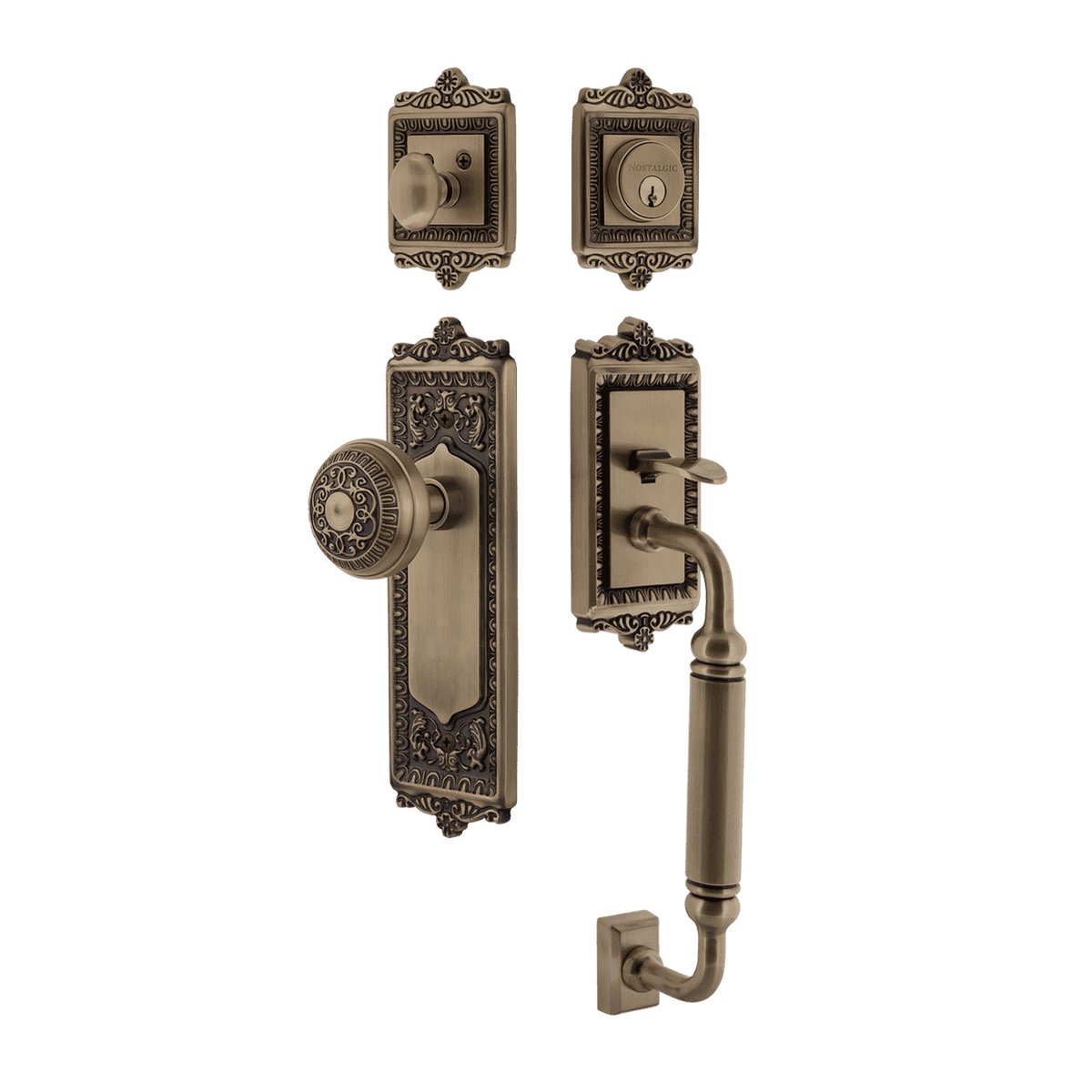 Nostalgic 727731: Entry Lockset w/Egg & Dart Backplate, C-Grip Exterior Handle and Egg & Dart Knob - Antique Brass