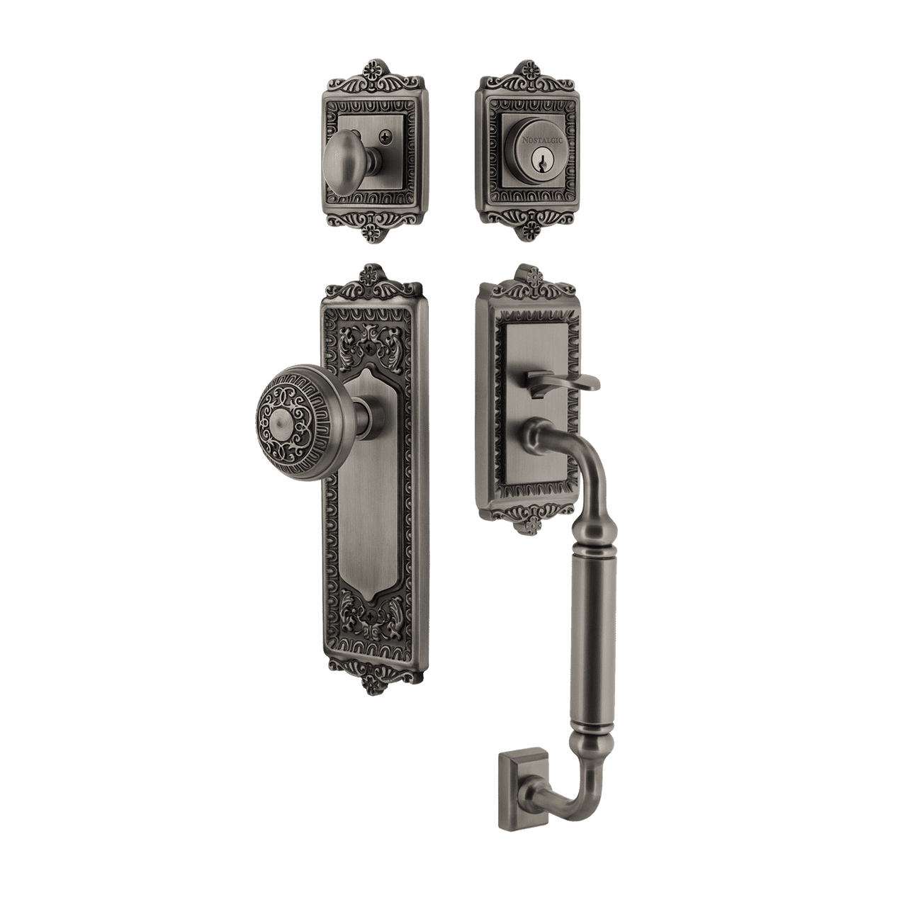 Nostalgic 719447: Entry Lockset w/Egg & Dart Backplate, C-Grip Exterior Handle and Egg & Dart Knob - Antique Pewter