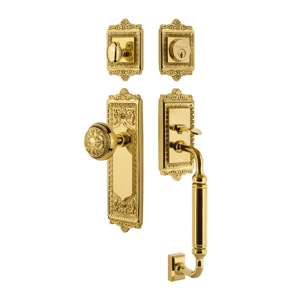 Nostalgic 733307: Entry Lockset w/Egg & Dart Backplate, C-Grip Exterior Handle and Egg & Dart Knob - Polished Brass