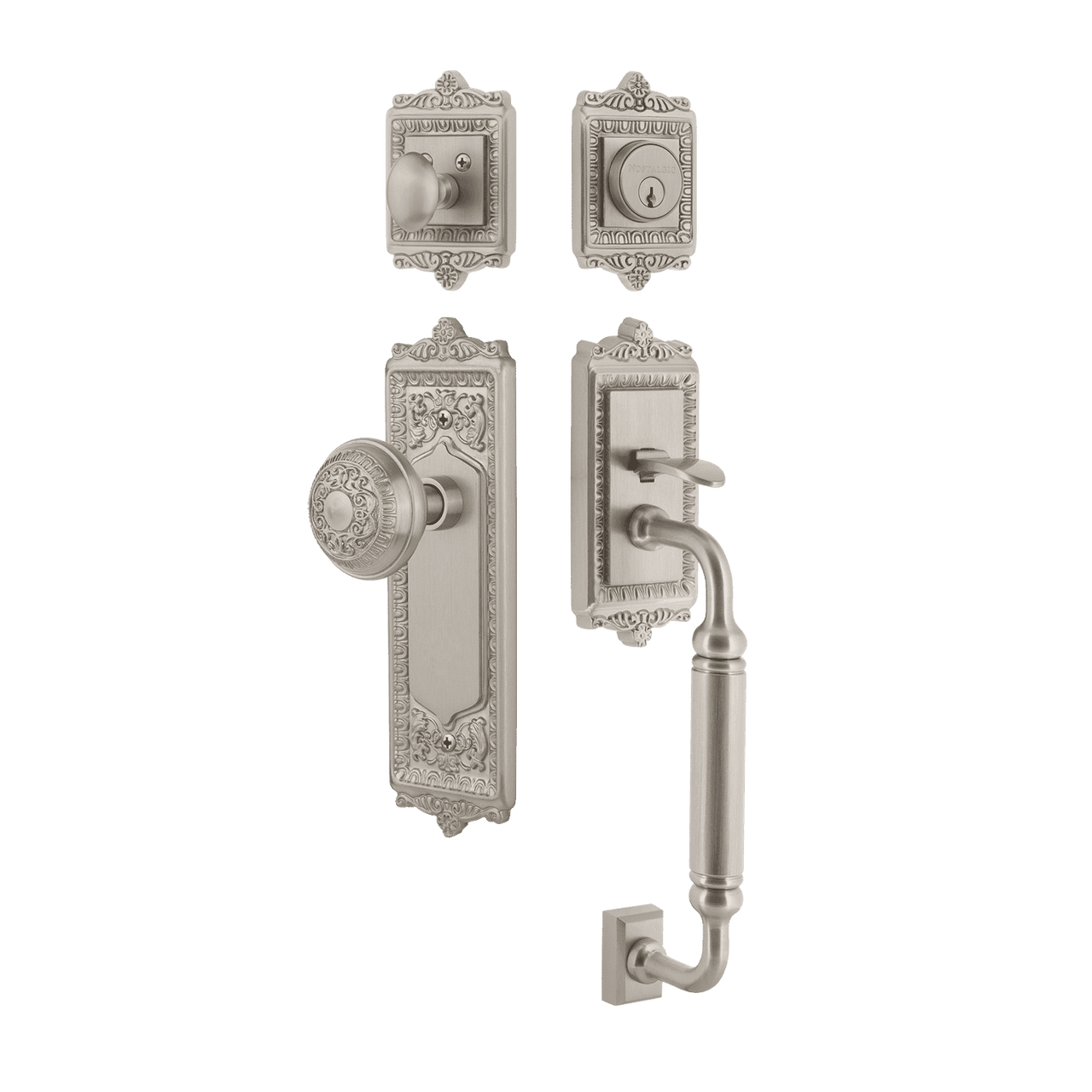 Nostalgic 727790: Entry Lockset w/Egg & Dart Backplate, C-Grip Exterior Handle and Egg & Dart Knob - Satin Nickel
