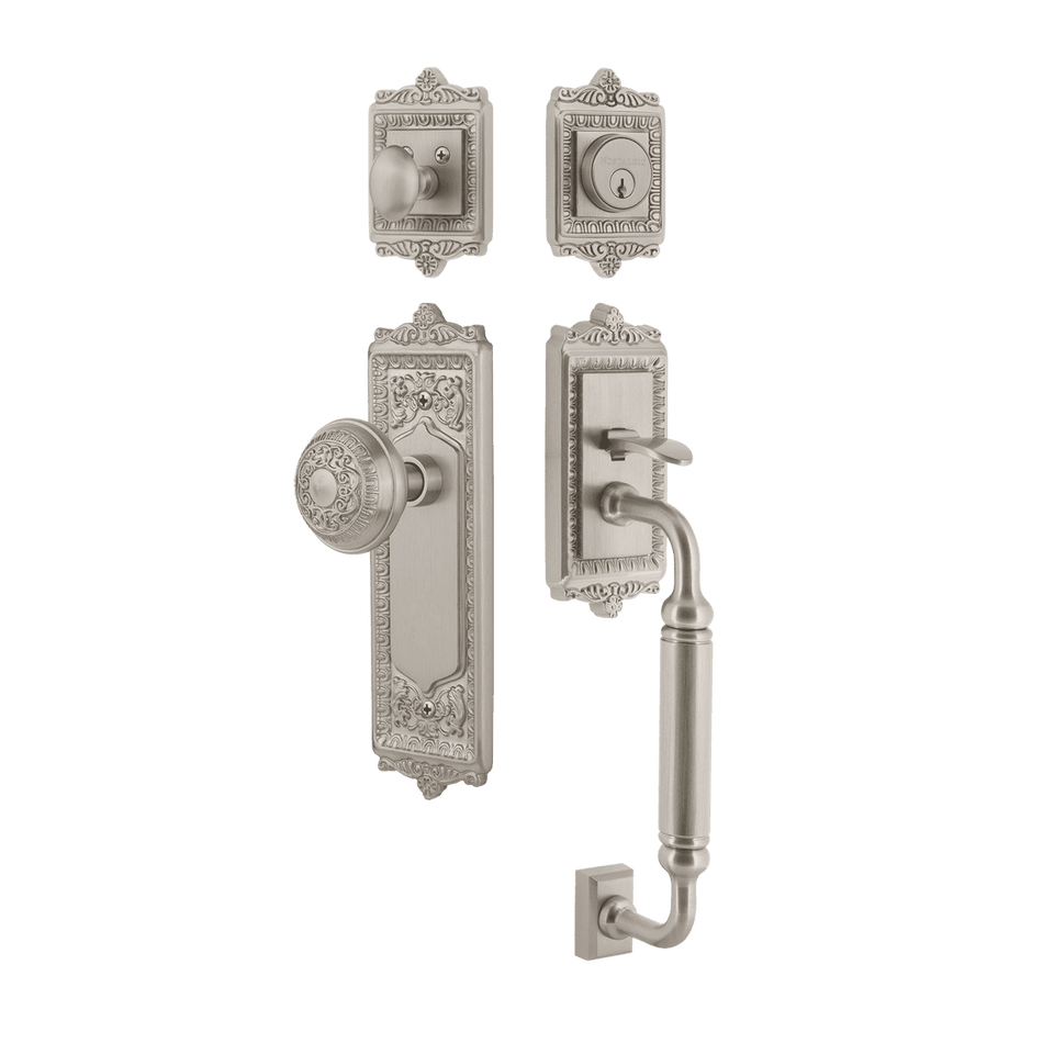 Nostalgic 727790: Entry Lockset w/Egg & Dart Backplate, C-Grip Exterior Handle and Egg & Dart Knob - Satin Nickel