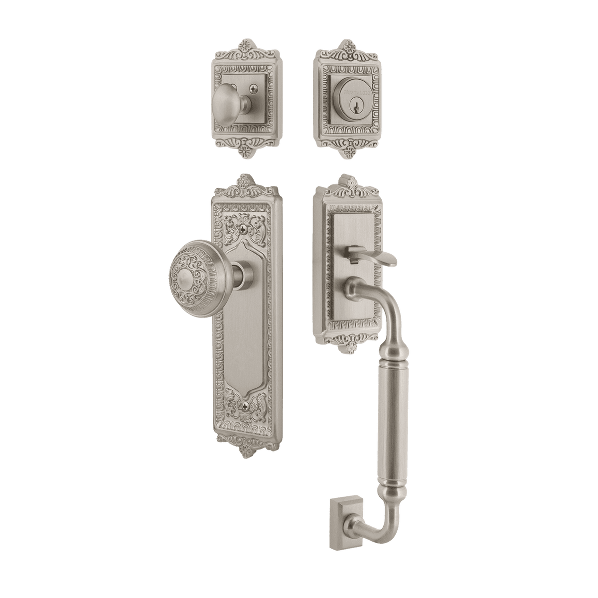 Nostalgic 733308: Entry Lockset w/Egg & Dart Backplate, C-Grip Exterior Handle and Egg & Dart Knob - Satin Nickel