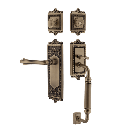 Nostalgic 770206: Entry Lockset w/Egg & Dart Backplate, C-Grip Exterior Handle and Fleur Interior Lever - Antique Brass