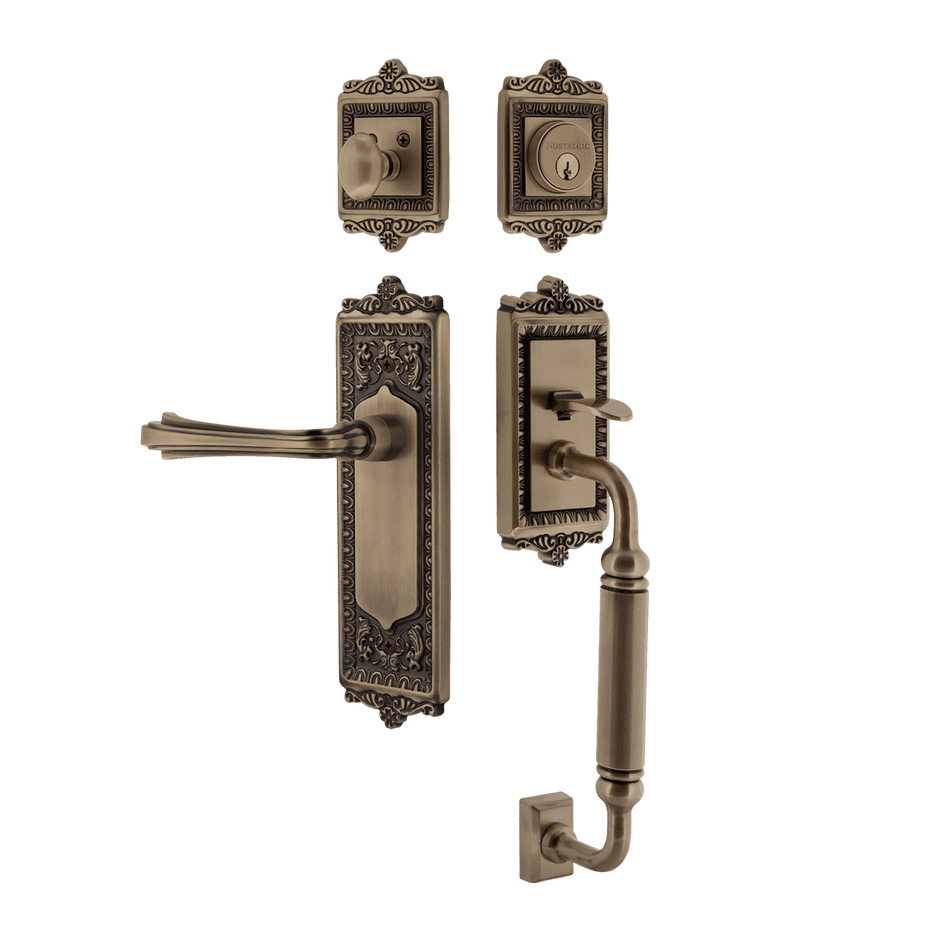 Nostalgic 770144: Entry Lockset w/Egg & Dart Backplate, C-Grip Exterior Handle and Fleur Interior Lever - Antique Brass