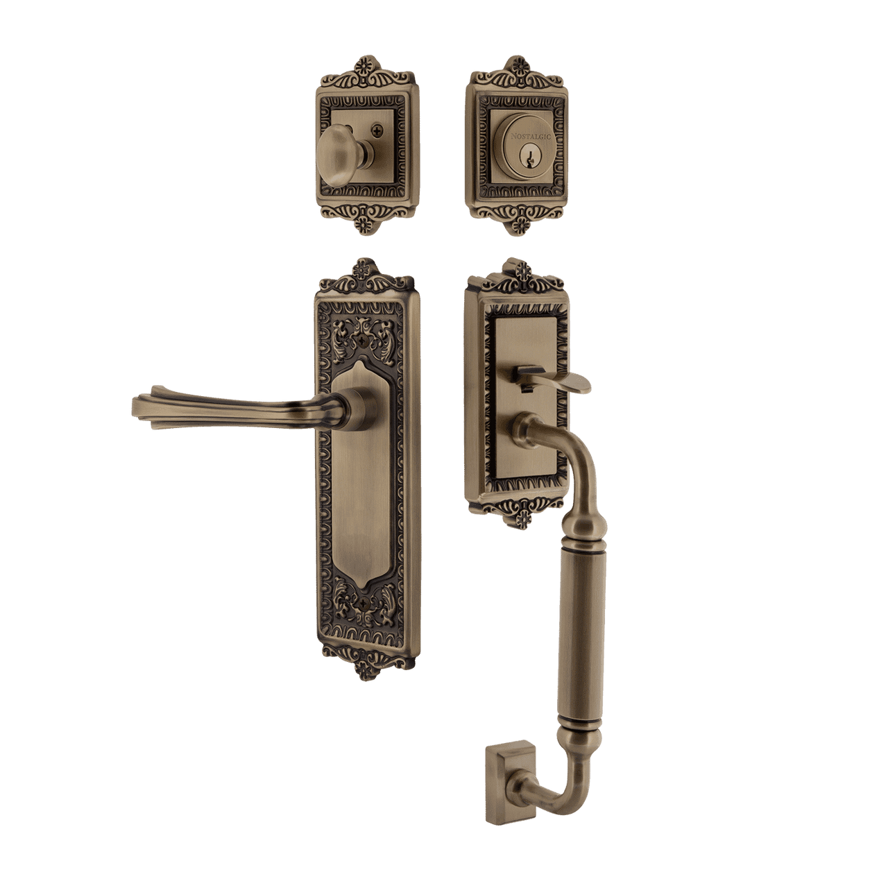 Nostalgic 768809: Entry Lockset w/Egg & Dart Backplate, C-Grip Exterior Handle and Fleur Interior Lever - Antique Brass