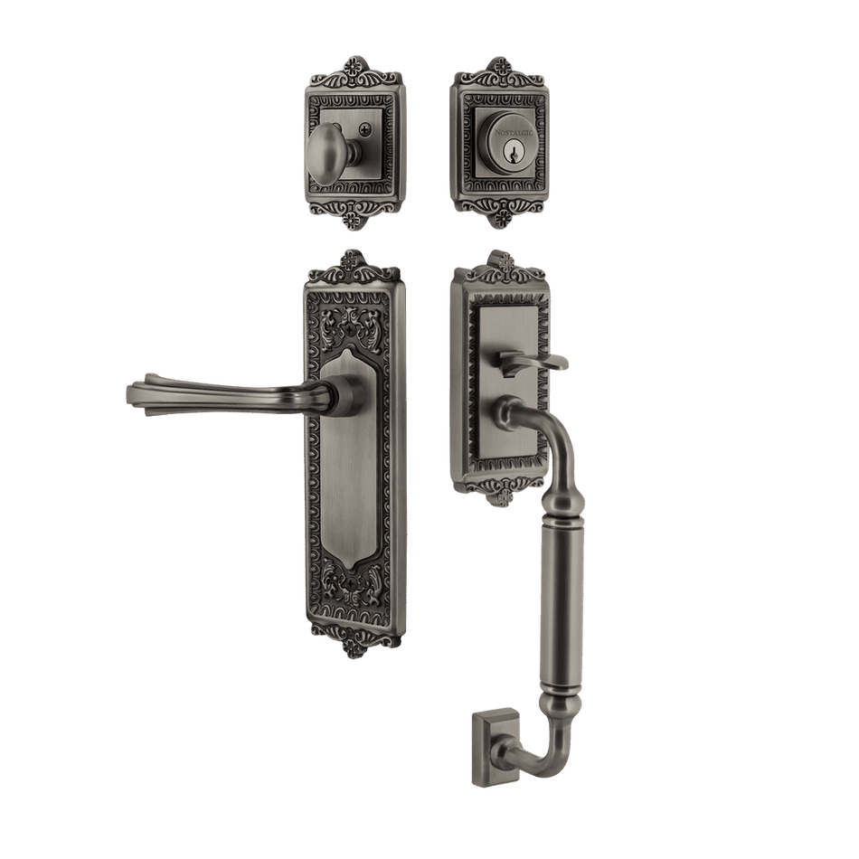 Nostalgic 768804: Entry Lockset w/Egg & Dart Backplate, C-Grip Exterior Handle and Fleur Interior Lever - Antique Pewter
