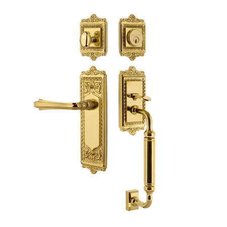 Nostalgic 768810: Entry Lockset w/Egg & Dart Backplate, C-Grip Exterior Handle and Fleur Interior Lever - Polished Brass