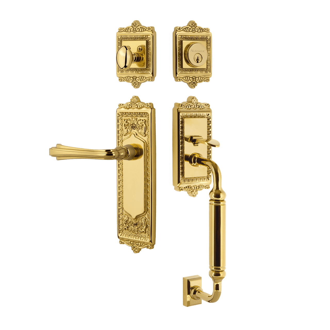 Nostalgic 770145: Entry Lockset w/Egg & Dart Backplate, C-Grip Exterior Handle and Fleur Interior Lever - Polished Brass