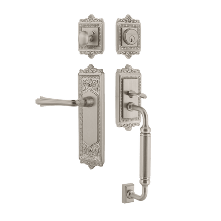 Nostalgic 768812: Entry Lockset w/Egg & Dart Backplate, C-Grip Exterior Handle and Fleur Interior Lever - Satin Nickel