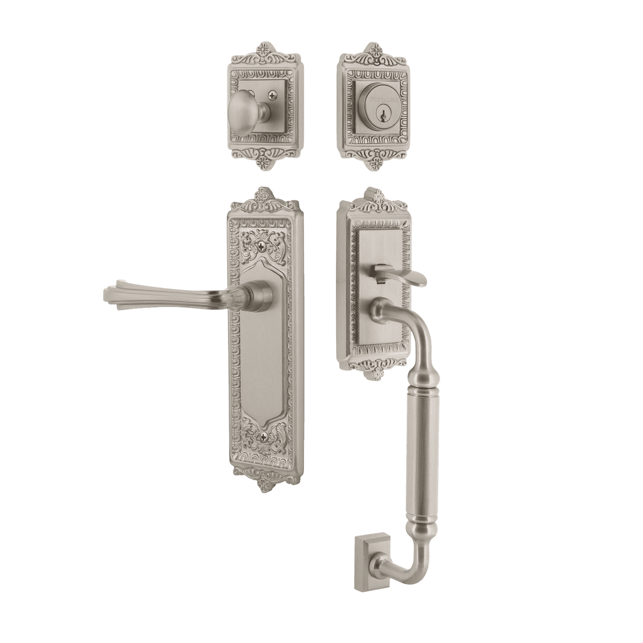 Nostalgic 768807: Entry Lockset w/Egg & Dart Backplate, C-Grip Exterior Handle and Fleur Interior Lever - Satin Nickel