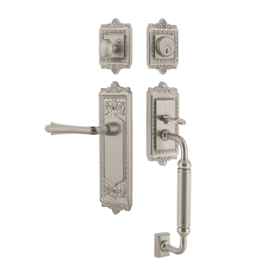 Nostalgic 768807: Entry Lockset w/Egg & Dart Backplate, C-Grip Exterior Handle and Fleur Interior Lever - Satin Nickel