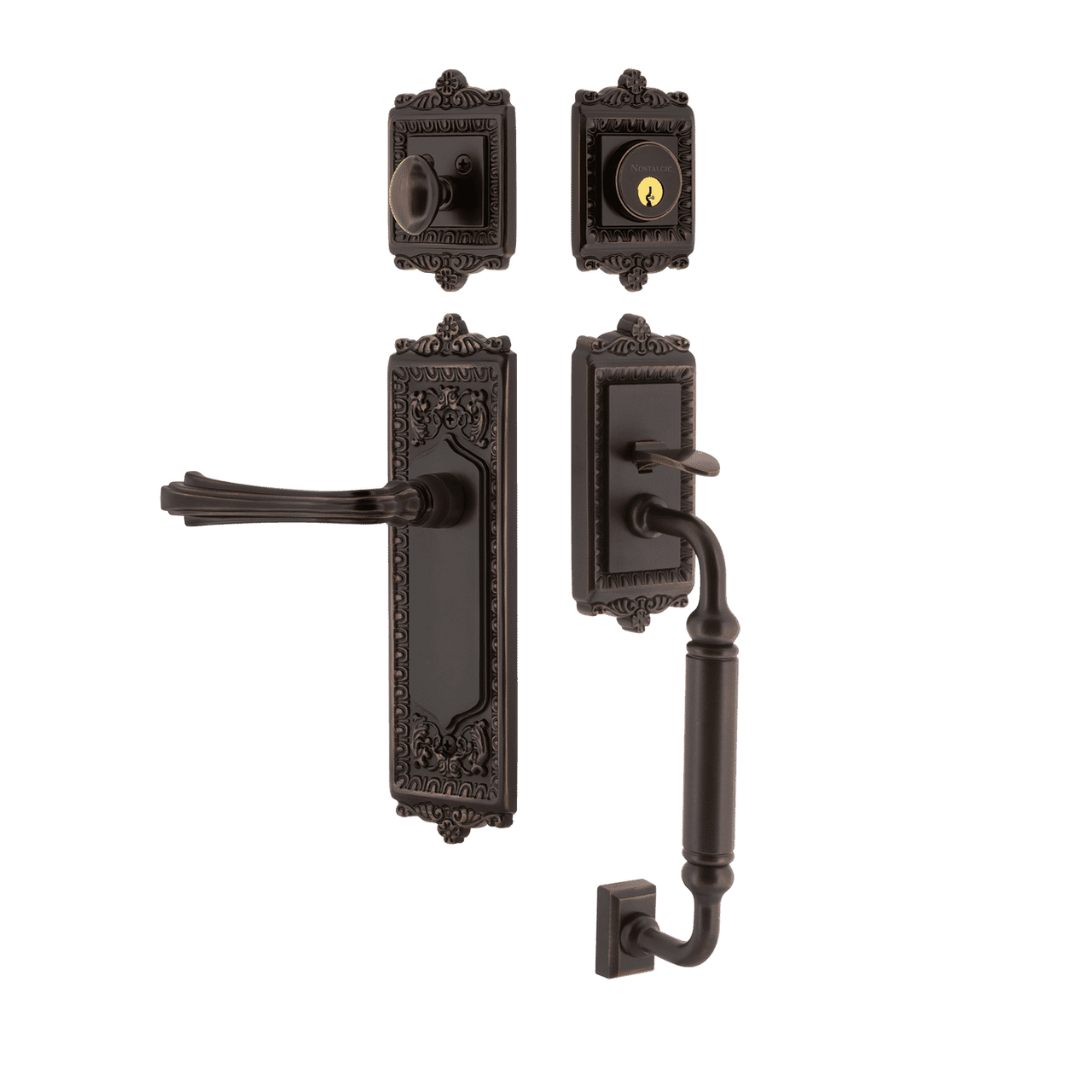 Nostalgic 770146: Entry Lockset w/Egg & Dart Backplate, C-Grip Exterior Handle and Fleur Interior Lever - Timeless Bronze