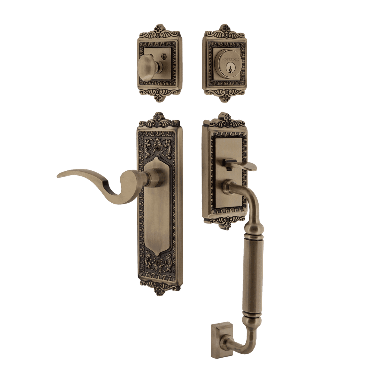 Nostalgic 767420: Entry Lockset w/Egg & Dart Backplate, C-Grip Exterior Handle and Manor Interior Lever - Antique Brass