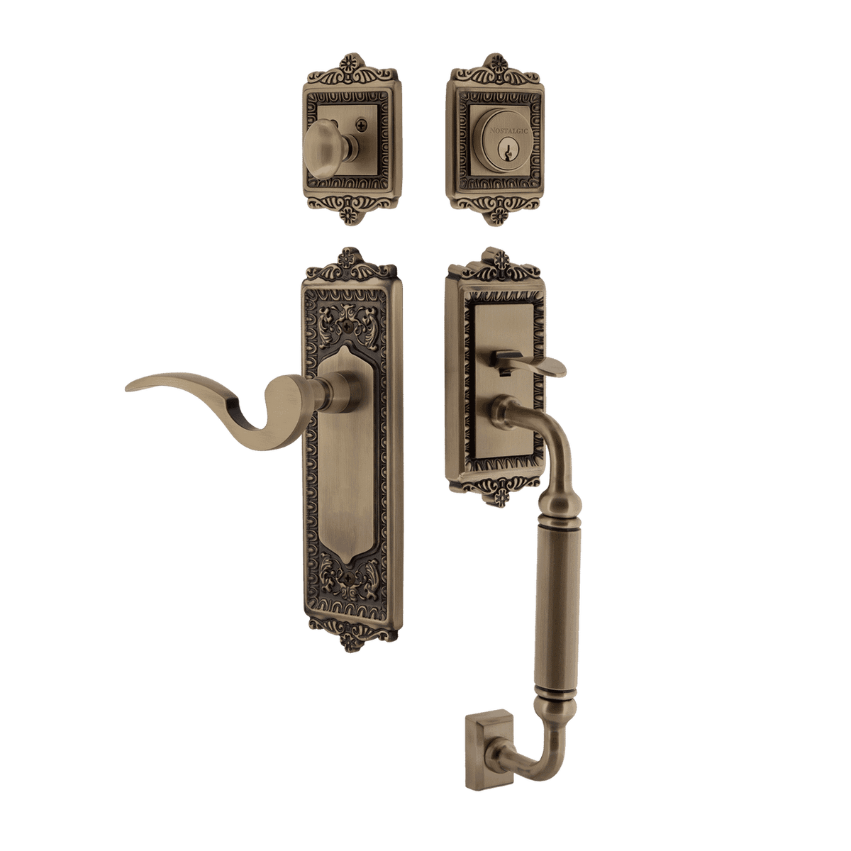 Nostalgic 770223: Entry Lockset w/Egg & Dart Backplate, C-Grip Exterior Handle and Manor Interior Lever - Antique Brass