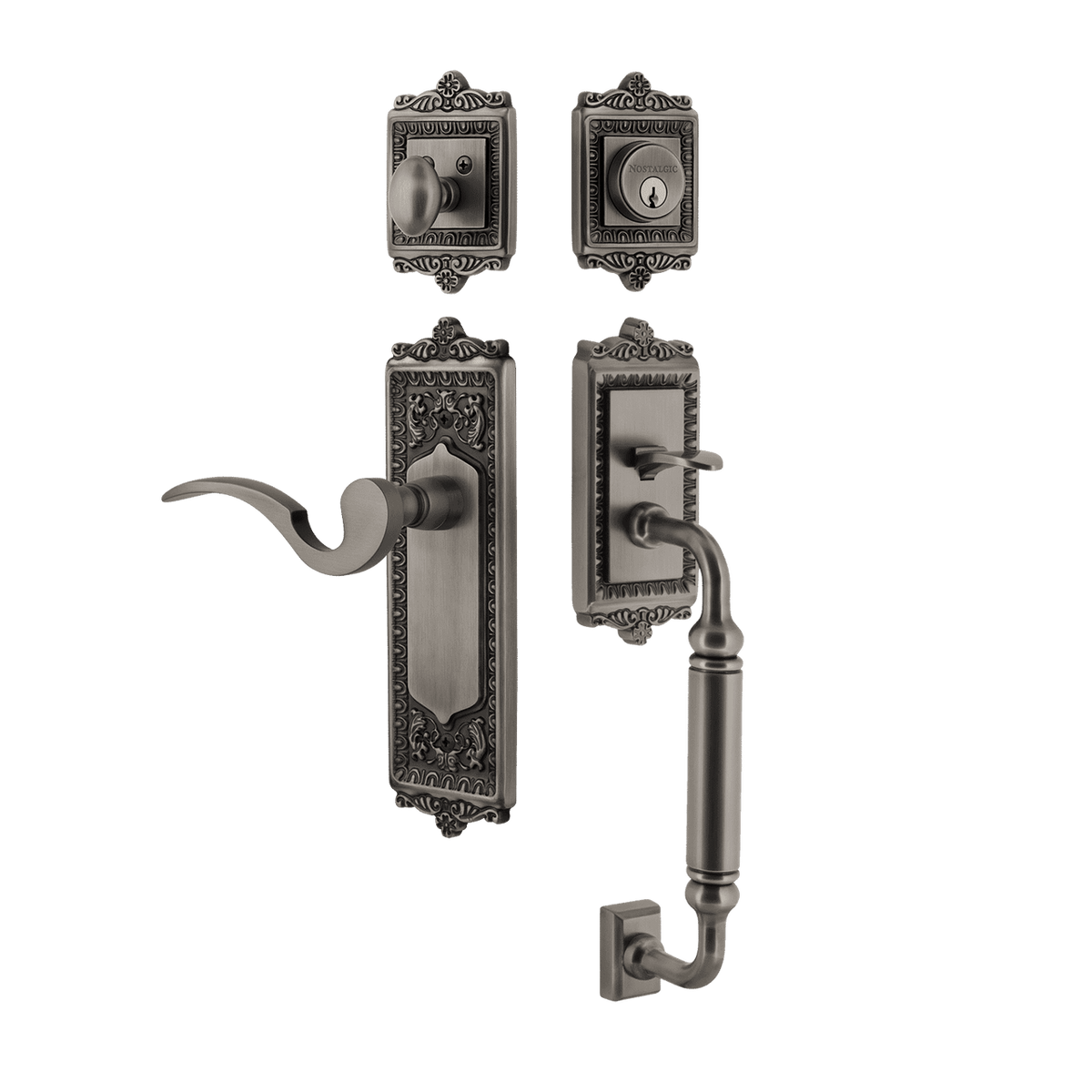 Nostalgic 767409: Entry Lockset w/Egg & Dart Backplate, C-Grip Exterior Handle and Manor Interior Lever - Antique Pewter