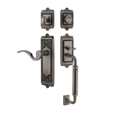 Nostalgic 770273: Entry Lockset w/Egg & Dart Backplate, C-Grip Exterior Handle and Manor Interior Lever - Antique Pewter