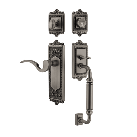 Nostalgic 767410: Entry Lockset w/Egg & Dart Backplate, C-Grip Exterior Handle and Manor Interior Lever - Antique Pewter