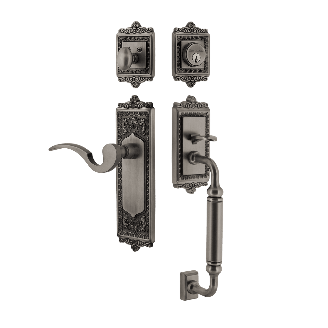 Nostalgic 770275: Entry Lockset w/Egg & Dart Backplate, C-Grip Exterior Handle and Manor Interior Lever - Antique Pewter