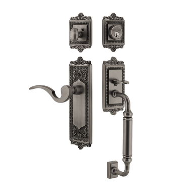 Nostalgic 770275: Entry Lockset w/Egg & Dart Backplate, C-Grip Exterior Handle and Manor Interior Lever - Antique Pewter
