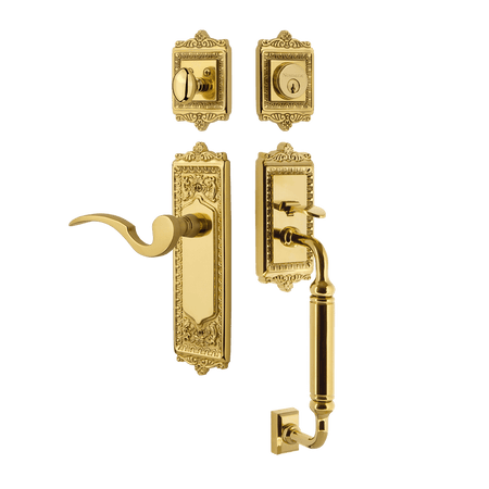 Nostalgic 767416: Entry Lockset w/Egg & Dart Backplate, C-Grip Exterior Handle and Manor Interior Lever - Polished Brass