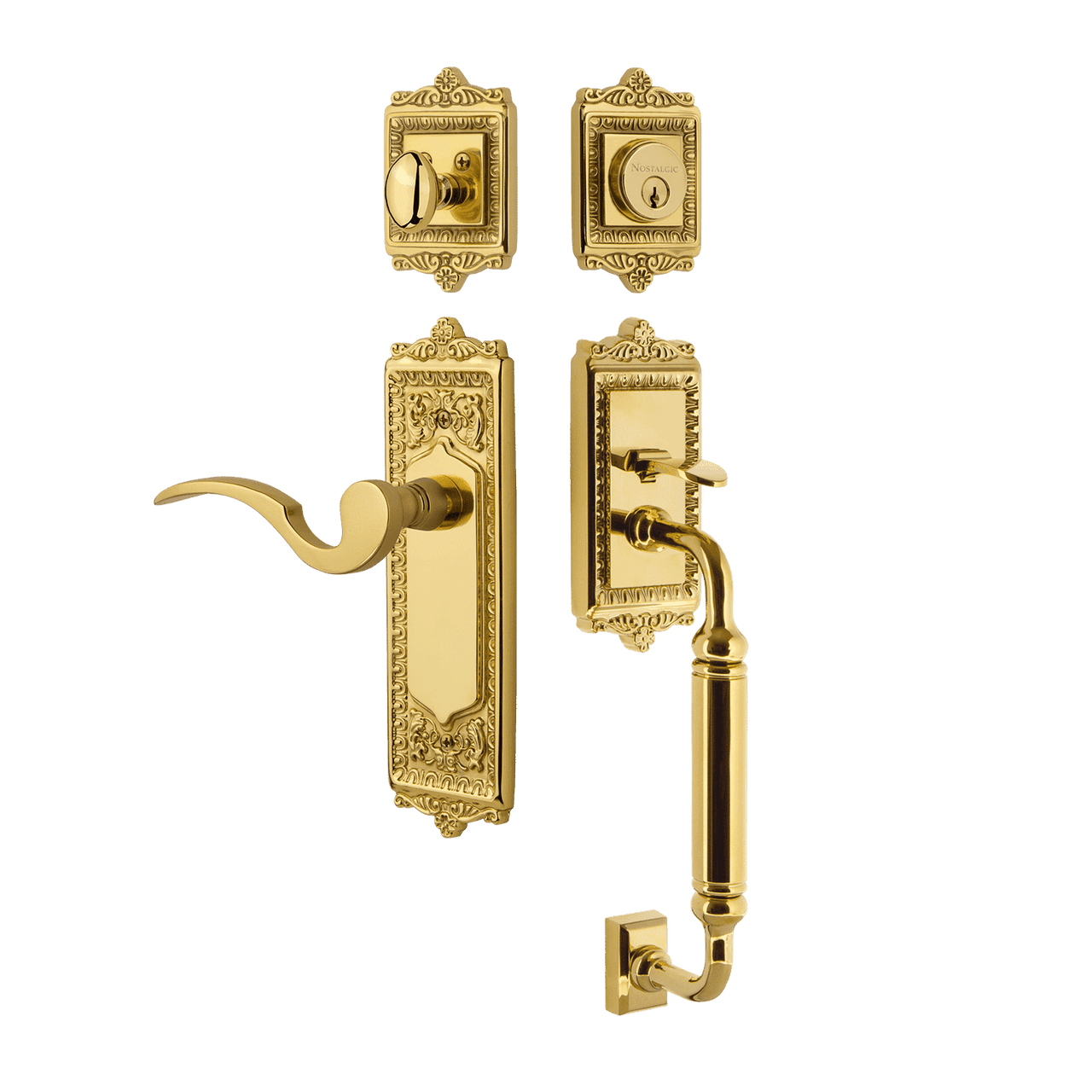 Nostalgic 770224: Entry Lockset w/Egg & Dart Backplate, C-Grip Exterior Handle and Manor Interior Lever - Polished Brass