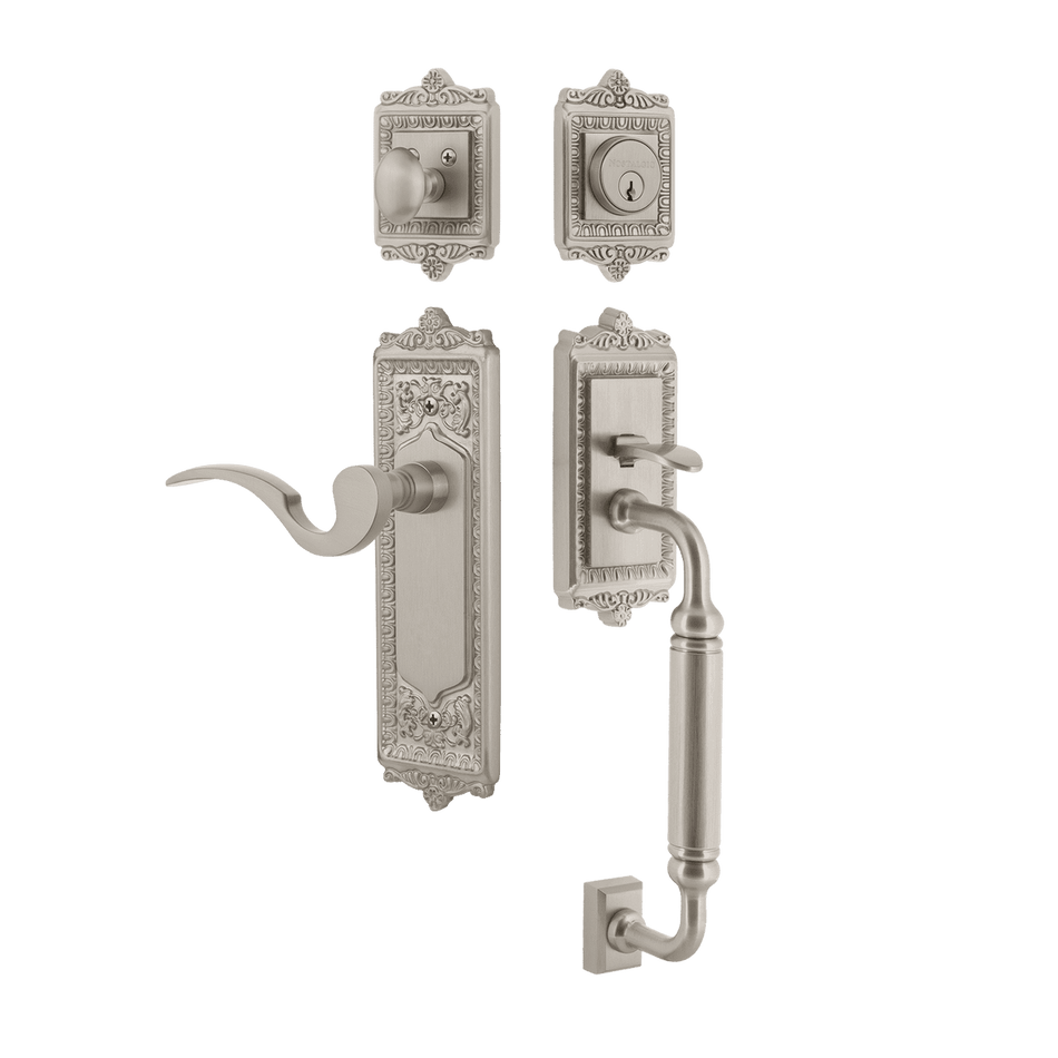 Nostalgic 770222: Entry Lockset w/Egg & Dart Backplate, C-Grip Exterior Handle and Manor Interior Lever - Satin Nickel
