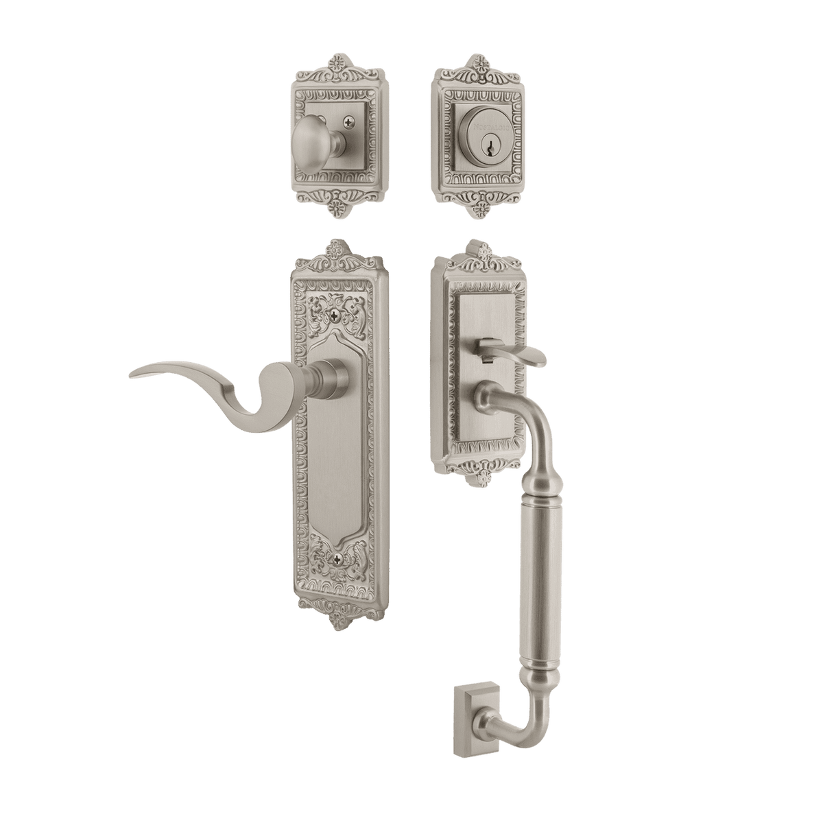 Nostalgic 770217: Entry Lockset w/Egg & Dart Backplate, C-Grip Exterior Handle and Manor Interior Lever - Satin Nickel
