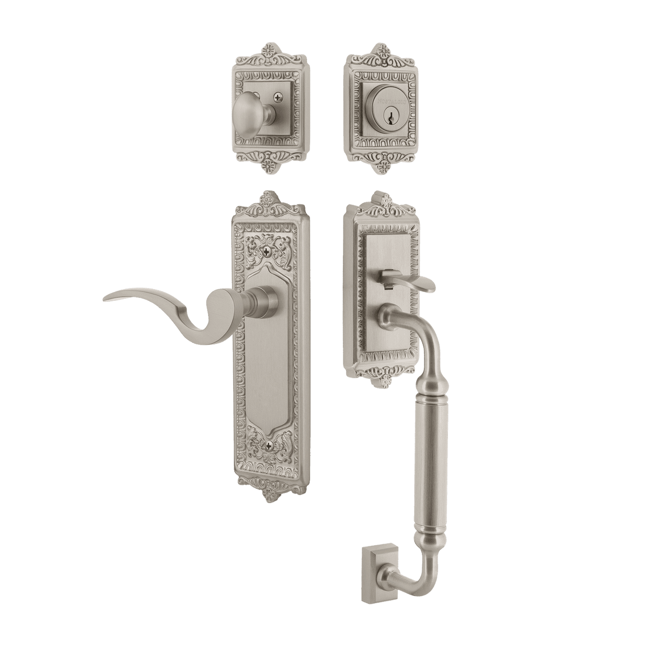 Nostalgic 770217: Entry Lockset w/Egg & Dart Backplate, C-Grip Exterior Handle and Manor Interior Lever - Satin Nickel